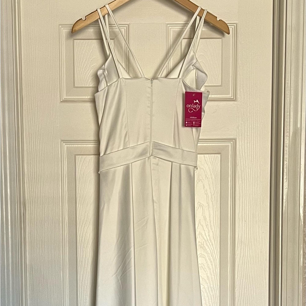 Elegant Satin White A-Line Side Slit Maxi Dress - Picture 7 of 12